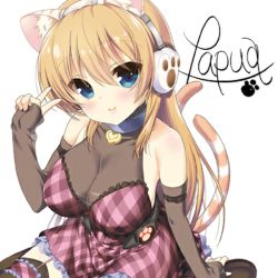  1girl animal_ears animal_hands blonde_hair blue_eyes cat_ears cat_tail headphones heart heart_necklace jewelry kishimoto_papua necklace see-through simple_background tagme tail text_focus thighhighs v  rating:Sensitive score:15 user:GatoSoft