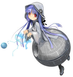  1girl blue_hair bow cloak death_star electricity girl_arms hime_cut hood lightning long_hair mecha_musume personification planet red_eyes simple_background solo star_wars sweatdrop zeco  rating:Sensitive score:41 user:danbooru