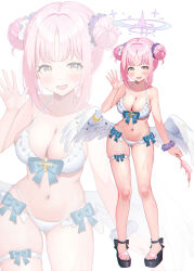  1girl angel_wings bikini blue_archive blush breasts cleavage double_bun feathered_wings food hair_bun halo highres holding holding_food kubong large_breasts long_hair looking_at_viewer mika_(blue_archive) navel open_mouth pink_hair pink_halo popsicle revision sandals simple_background smile solo swimsuit toes white_background white_bikini white_wings wings yellow_eyes zoom_layer 