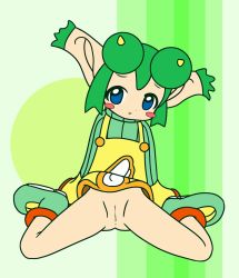  1girl anus blue_eyes blush bottomless cleft_of_venus double_bun dress green_background green_footwear green_hair green_sweater hair_bun highres horns lidelle_(puyopuyo) loli long_sleeves looking_at_viewer no_panties open_mouth pointy_ears pussy puyopuyo puyopuyo_fever sana_(kerarino) sega shoes sitting sleeveless sleeveless_dress sleeves_past_wrists smile striped striped_background sweater yellow_dress  rating:Explicit score:22 user:cpee