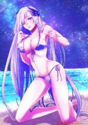 1girl ama_nocchi beach bikini blush breasts brynhildr_(fate) cleavage fate/grand_order fate/prototype fate/prototype:_fragments_of_blue_and_silver fate_(series) front-tie_top hair_over_one_eye kneeling large_breasts long_hair navel purple_eyes side-tie_bikini_bottom silver_hair solo swimsuit very_long_hair 