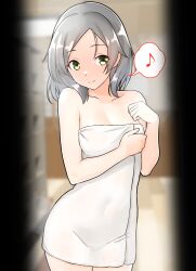  1girl breasts collarbone commentary_request furaggu_(frag_0416) green_eyes grey_hair highres indoors kantai_collection kuroshio_(kancolle) looking_at_viewer medium_breasts medium_hair musical_note naked_towel solo speech_bubble spoken_musical_note standing towel 
