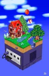  animal_crossing_gamecube balloon blue_background blue_sky box bug cedar_tree dragonfly flower game_console gamecube gift gift_box gyroid_(animal_crossing) highres house insect kai_texel river sky sunset tree tulip 