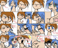  2boys :3 anal androgynous ass ass_grab blue_hair blush brown_hair comic cosplay crossdressing cum cum_in_ass cum_in_mouth drawfag drooling english_text fellatio green_eyes handjob hands_on_another&#039;s_head happy_sex heart izumi_konata izumi_konata_(cosplay) kiss long_hair lucky_star male_focus male_penetrated mole multiple_boys open_mouth oral penis sex sex_from_behind white_background yaoi  rating:Explicit score:74 user:york246