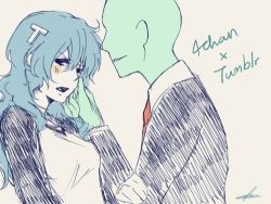  4chan anonymous_(4chan) blue_hair blush formal hair_ornament long_hair lowres necktie open_mouth personification suit tumblr  rating:Sensitive score:10 user:dark.white