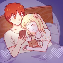  1boy 1girl absurdres artoria_pendragon_(all) artoria_pendragon_(fate) bed blonde_hair closed_eyes closed_mouth commentary_request couple emiya_shirou fate/stay_night fate_(series) hand_on_another&#039;s_head headboard heart highres holding holding_phone indoors kisaragi_kaede light_smile orange_hair phone pillow saber_(fate) stuffed_animal stuffed_lion stuffed_toy 