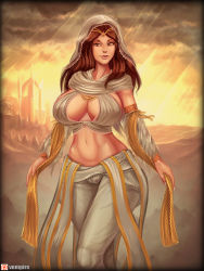  1girl breasts brown_eyes brown_hair cleavage cleavage_cutout clothing_cutout curvy dark_souls_(series) dark_souls_i highres jewelry large_breasts long_hair looking_at_viewer midriff navel navel_piercing piercing queen_of_sunlight_gwynevere solo standing stomach vempire wide_hips  rating:Questionable score:109 user:dmysta3000