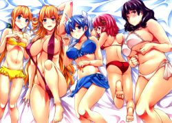  5girls :d :o absurdres adam_(shinkyoku_no_grimoire) age_difference arm_behind_head arm_up armpits ass back barefoot bed_sheet bikini black_hair blonde_hair blue_bikini blue_eyes blue_hair blush braid breast_lift breasts breasts_apart brother_and_sister brown_eyes center_opening cleavage clenched_hand closed_mouth collarbone covered_erect_nipples drill_hair erect_sawaru eva_parcelus feet flat_chest frilled_bikini frills from_above green_ribbon groin hair_between_eyes hair_ornament hair_ribbon hand_on_own_stomach hand_up hands_on_own_chest happy head_wings highres hip_focus horns huge_breasts huge_filesize indoors knee_up kneepits large_breasts legs_together light_smile lineup long_hair looking_at_viewer looking_back low_ponytail lying medium_breasts multiple_girls navel on_back on_bed on_side on_stomach open_mouth pandra parted_lips patricia_garlond pink_hair plump ponytail profile purple_bikini purple_eyes purple_hair red_bikini red_hair ribbon sarong scan shinkyoku_no_grimoire short_hair siblings side-tie_bikini_bottom side_braid sideboob single_horn slingshot_swimsuit smile soles sophia_(pandra) straight_hair strap_gap swimsuit thighs toes twin_braids underboob very_long_hair wavy_hair white_bikini white_wings wings yellow_bikini yuniko_wingdohose  rating:Questionable score:73 user:danbooru