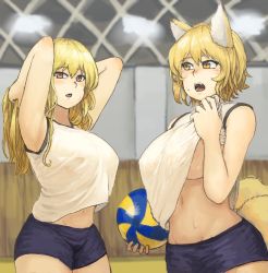 2girls :o absurdres animal_ears areola_slip armpits arms_behind_head ball bare_arms bare_shoulders blonde_hair blue_shorts blush breasts chanta_(ayatakaoisii) cowboy_shot fox_ears fox_girl fox_tail gym_shorts gym_uniform highres holding holding_ball holding_own_hair indoors large_breasts long_hair looking_at_another looking_at_viewer multiple_girls multiple_tails navel nipple_slip nipples open_mouth orange_eyes parted_lips red_eyes shirt short_hair shorts skirt_hold slit_pupils standing sweat tail touhou volleyball_(object) white_shirt yakumo_ran yakumo_yukari rating:Questionable score:17 user:danbooru