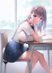 1girl blue_bow blue_bowtie blue_skirt blush book bow bowtie breast_rest breasts brown_hair chair classroom closed_mouth collared_shirt commentary_request desk feet_out_of_frame from_side highres holding holding_pen indoors large_breasts long_hair looking_at_viewer looking_to_the_side notebook open_book original pen plaid plaid_bow plaid_bowtie pleated_skirt purple_eyes pyon-kichi school_uniform see-through shirt shirt_tucked_in short_sleeves sidelocks sitting skirt smile solo table taut_clothes taut_shirt thighs white_shirt window rating:Sensitive score:48 user:danbooru