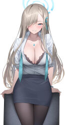  1girl asuna_(blue_archive) black_bra black_pantyhose blue_archive blue_eyes blue_skirt bra breasts cleavage collarbone collared_shirt hair_over_one_eye halo highres jewelry large_breasts long_sleeves looking_at_viewer necklace pantyhose parted_lips shirt shirt_tucked_in shougun_(chuckni1) simple_background skirt sleeves_rolled_up smile solo thighs underwear white_background white_shirt  rating:Sensitive score:23 user:danbooru