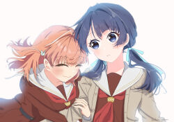  2girls ^_^ arm_hug blue_eyes blue_hair blue_ribbon breasts brown_cardigan brown_dress cardigan chikoru closed_eyes closed_mouth crossed_bangs dark_blue_hair dress hair_intakes hair_ornament hair_ribbon hashtag-only_commentary hasu_no_sora_school_uniform highres hinoshita_kaho link!_like!_love_live! long_hair long_sleeves looking_at_another love_live! low_twintails medium_breasts medium_hair multiple_girls murano_sayaka neckerchief open_cardigan open_clothes orange_hair parted_lips rabbit_hair_ornament red_neckerchief ribbon sailor_collar sailor_dress school_uniform simple_background smile twintails two_side_up upper_body virtual_youtuber wavy_mouth white_background white_sailor_collar wide-eyed winter_uniform 