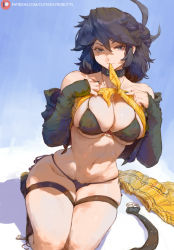 1girl belt bikini biting biting_clothes black_bikini black_hair boots borrowed_character breasts clothes_in_mouth collar cutesexyrobutts green_jacket hair_up hands_on_own_chest highres jacket kneeling large_breasts looking_at_viewer lucia_(scott_malin) medium_hair original outdoors ponytail skirt solo swimsuit thick_thighs thigh_strap thighs toned_female unworn_belt unworn_skirt rating:Sensitive score:99 user:danbooru