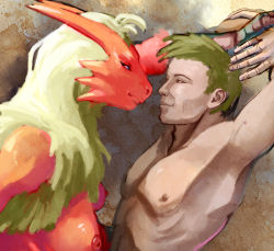 1boy 1girl arm_up armpits arms_up blaziken blonde_hair blue_eyes breasts brown_eyes closed_mouth collarbone creatures_(company) eye_contact from_side furry game_freak gen_3_pokemon happy hattonslayden hetero interspecies long_hair looking_at_another medium_breasts nintendo nipples nude original pokemon pokemon_(creature) pokephilia ribs short_hair simple_background smile upper_body rating:Questionable score:14 user:AngryZapdos