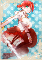  1girl ass boots boudica_(fate) breasts cleavage corset earrings fate/grand_order fate_(series) female_focus green_eyes jewelry juliet_sleeves large_breasts long_sleeves panties pantyshot ponytail puffy_sleeves red_hair shield short_hair shrug_(clothing) smile solo sword thigh_boots thighhighs underwear weapon yakan_(kusogaki_teikoku)  rating:Sensitive score:20 user:danbooru