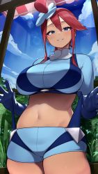  1girl alternate_breast_size blue_eyes blue_gloves blue_jacket blue_shorts blue_sky blush breasts commentary creatures_(company) cropped_jacket day game_freak gloves hair_ornament highres jacket kashu_(hizake) large_breasts looking_at_viewer midriff nintendo one_side_up pokemon pokemon_bw red_hair short_hair_with_long_locks short_shorts shorts sidelocks sky skyla_(pokemon) smile solo symbol-only_commentary  rating:Sensitive score:186 user:danbooru