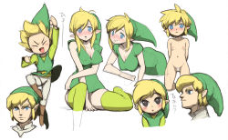  1boy 1girl bad_id bad_pixiv_id blonde_hair blue_eyes blue_theme blush breasts censored character_sheet elf full_body gender_request genderswap hat link loli multiple_views navel nintendo nude pointy_ears shota simple_background sketch tentacles the_legend_of_zelda toon_link usikani white_background 