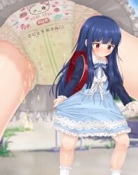  1girl artist_name azuma_(azumapic) backpack bag blue_bow blue_bowtie blue_hair blue_jacket blue_skirt blunt_bangs blurry blurry_background blush bow bowtie buttons closed_mouth clothes_writing collared_shirt crying day diaper embarrassed female_focus flat_chest floral_print food_print frilled_skirt frilled_sleeves frilled_socks frills from_below half-closed_eyes highres idolmaster idolmaster_cinderella_girls jacket japanese_text loli long_hair long_sleeves looking_down multiple_views open_clothes open_jacket outdoors pee peeing peeing_self pull-up_diaper raised_eyebrows red_eyes romaji_text sajo_yukimi shiny_skin shirt shirt_tucked_in sidelocks signature skirt socks spread_legs standing strawberry_print striped_bow striped_bowtie striped_clothes sweat tears textless_version translation_request upskirt white_shirt white_socks 