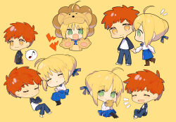 1boy 1girl ahoge animal_costume apron artoria_pendragon_(all) artoria_pendragon_(fate) black_apron black_pantyhose blonde_hair blue_bow blue_pants blue_ribbon blue_skirt boots bow bow_skirt braid braided_bun brown_footwear chibi closed_eyes closed_mouth denim emiya_shirou fangs fate/stay_night fate_(series) flying_sweatdrops green_eyes hair_bun hair_ribbon hands_up highres holding holding_hands holding_stuffed_toy hugging_object jeans lion_costume long_sleeves looking_at_another looking_at_viewer looking_to_the_side lying multiple_views musical_note neck_ribbon notice_lines nozawa_noko on_side open_mouth pants pantyhose raglan_sleeves red_hair ribbon saber_(fate) saber_lion shirt shoes short_hair simple_background sitting skin_fangs skirt sleeping smile socks spoken_musical_note standing stuffed_animal stuffed_lion stuffed_toy t-shirt walking white_shirt white_socks yellow_background yellow_eyes 