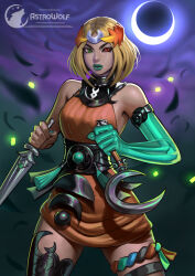  1girl ancient_greek_clothes astrowolf asymmetrical_arms black_sclera blonde_hair bone colored_sclera dress glowing_arm greco-roman_clothes green_lips hades_(series) hades_2 highres holding_sickle laurel_crown melinoe_(hades) mismatched_sclera moon orange_dress see-through_body sickle skeletal_arm 