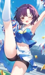  1girl :d absurdres arm_up armpits bike_shorts bike_shorts_under_skirt black_hair blue_sky blush breasts cameltoe cheering cheerleader cloud cloudy_sky collarbone crop_top cropped_shirt dot_nose feet_up forehead highres hiraga_matsuri holding holding_pom_poms idolmaster idolmaster_cinderella_girls idolmaster_cinderella_girls_starlight_stage kneehighs leg_up looking_at_viewer medium_breasts midriff navel one_eye_closed open_mouth outdoors parted_bangs pleated_skirt pom_pom_(cheerleading) pom_poms shiragiku_hotaru short_hair skirt sky sleeveless smile socks solo standing standing_on_one_leg sweat thighs white_socks 