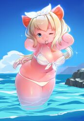  1girl animal_ears bikini blonde_hair blue_eyes blue_sky bow_hairband breasts caustics cloud colored_skin day front-tie_bikini_top front-tie_top furry furry_female hairband highres large_breasts leaning_forward looking_at_viewer mouth_hold navel notama one_eye_closed original pig_ears pig_girl pig_nose pig_tail pink_skin plump shiny_skin sky smile solo swimsuit tail thighs wading water water_drop white_bikini white_hairband 