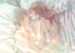  1boy 1girl affectionate blush commentary couple eye_contact girl_on_top grey_hair hand_on_another&#039;s_cheek hand_on_another&#039;s_face hetero highres hug imminent_kiss kinoebi lingerie long_hair looking_at_another lying morning original pillow realistic short_hair sleeping underwear  rating:Sensitive score:31 user:danbooru