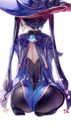 1girl ass cape from_behind genshin_impact gold_trim hair_ornament hair_ribbon hat highres huge_ass leotard long_hair mona_(genshin_impact) pantyhose purple_hair ribbon shiny_clothes sitting solo thighlet twintails uenoryoma very_long_hair wariza rating:Questionable score:111 user:armorcrystal