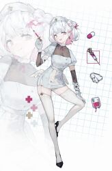  1girl :d :q black_footwear blood blood_bag choker colored_inner_hair commentary facing_viewer full_body garter_straps gloves grid_background hat highres holding holding_syringe low_wings multicolored_hair nicoillu nurse nurse_cap open_mouth original pill pink_eyes pink_hair pixelated puffy_short_sleeves puffy_sleeves short_sleeves sideways_glance smile symbol-only_commentary syringe syringe_earrings thighhighs tongue tongue_out two-tone_hair white_choker white_gloves white_hat white_thighhighs white_wings wings zoom_layer 