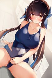  1girl artist_name blue_one-piece_swimsuit blue_ribbon blush breasts brown_eyes brown_hair closed_mouth clothing_aside collarbone commentary_request competition_swimsuit covered_navel dermar female_pubic_hair fingernails hair_ornament hair_ribbon hairclip highres honkai:_star_rail honkai_(series) large_breasts long_hair looking_at_viewer one-piece_swimsuit pubic_hair ribbon sitting smile solo sushang_(honkai:_star_rail) swimsuit swimsuit_aside twintails 