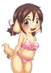  1girl absurdres animal_ears bikini biscuit breasts brown_eyes brown_hair character_request cleavage copyright_request dog_ears dog_tail female_focus food frilled_bikini frills furry furry_female hair_ribbon highres holding looking_at_viewer medium_breasts navel open_mouth pink_bikini pink_ribbon plump ribbon solo striped_bikini striped_clothes swimsuit tail tory_(tory29) twintails 