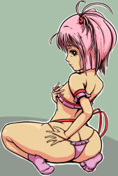  1girl ass ass_grab breasts hinamori_amu loli looking_at_viewer looking_back panties pink_hair pink_panties simple_background small_breasts socks solo squatting underwear yellow_eyes  rating:Questionable score:10 user:uhickx