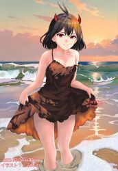  1girl antenna_hair beach black_clover black_dress black_hair clothes_lift cloud dress dress_lift evening f3968837 highres horns lifted_by_self ocean red_eyes red_horns sand secre_swallowtail smile soaking_feet solo 