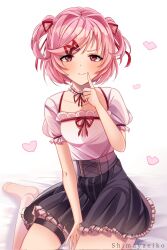  1girl artist_name bed_sheet between_legs black_skirt blush bob_cut bow bow_choker breasts casual choker closed_mouth collarbone commentary cross-laced_clothes cross-laced_skirt doki_doki_literature_club english_commentary finger_to_mouth frilled_choker frilled_shirt frilled_skirt frills hair_ornament hair_ribbon hand_between_legs heart high-waist_skirt highres looking_at_viewer natsuki_(doki_doki_literature_club) neck_ribbon on_bed pink_eyes pink_hair pink_shirt puffy_short_sleeves puffy_sleeves red_bow red_ribbon ribbon shimayaeiko shirt shirt_bow short_hair short_sleeves simple_background sitting skirt small_breasts smile solo swept_bangs thigh_strap two_side_up v-shaped_eyebrows wariza white_background white_choker x_hair_ornament  rating:General score:7 user:danbooru