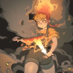  1girl blonde_hair commentary cooking english_commentary fiery_hair fire frying_pan grey_overalls grin highres holding holding_frying_pan long_hair magic multicolored_hair orange_eyes orange_hair original overall_shorts overalls sandcasks shirt smile smoke solo split-color_hair t-shirt two-tone_hair yellow_shirt 