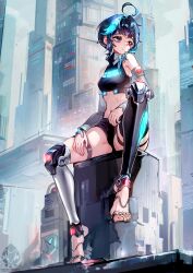  1girl absurdres ahoge artist_logo bare_shoulders barefoot belly blue_eyes blue_hair city cityscape closed_mouth crop_top cyberpunk expressionless feet highres lights looking_to_the_side mechanical_arms mechanical_legs mechanical_parts multicolored_hair navel original science_fiction sitting solo streaked_hair string thigh_strap thighhighs toes yeougui  rating:Sensitive score:17 user:HDCrawler