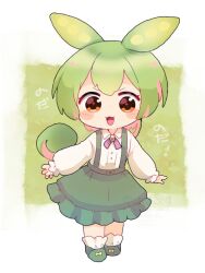  1girl :3 animal_ears blush_stickers brooch chibi collared_shirt commentary double-parted_bangs frilled_skirt frilled_socks frills full_body green_background green_footwear green_hair green_skirt jewelry long_hair long_sleeves looking_at_viewer low_ponytail medium_skirt multicolored_hair nakajima_lupus neck_ribbon open_mouth orange_eyes outstretched_arms pink_hair puffy_long_sleeves puffy_sleeves ribbon shirt skirt smile socks solo spread_arms standing suspender_skirt suspenders translated two-tone_hair v-shaped_eyebrows voiceroid voicevox watermark white_background white_shirt white_socks zundamon 