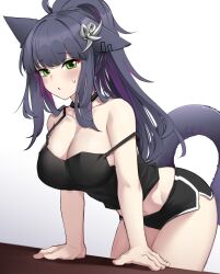 1girl absurdres animal_ears arknights black_collar black_shorts black_tank_top blue_hair blush breasts cat_ears cat_girl cat_tail cleavage collar dolphin_shorts groin hair_ornament highres jessica_(arknights) k0ng large_breasts leaning_forward long_hair looking_at_viewer midriff multicolored_hair navel ponytail short_shorts shorts sidelocks simple_background solo strap_slip streaked_hair sweatdrop tail tank_top thighs white_background rating:Sensitive score:51 user:danbooru