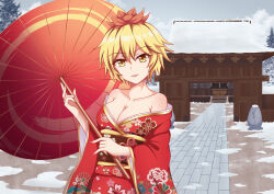 1girl absurdres alternate_costume bare_shoulders black_hair blonde_hair breasts cleavage cloud commentary_request floral_print floral_print_kimono highres holding holding_umbrella japanese_clothes kimono large_breasts long_sleeves looking_at_viewer medium_breasts multicolored_hair obi open_mouth outdoors piaoluo_de_ying_huaban print_kimono red_kimono red_umbrella sash short_hair smile snow solo textless_version toramaru_shou touhou two-tone_hair umbrella wide_sleeves yellow_eyes