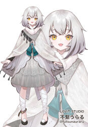  1girl :d black_footwear blue_bow bow capelet commentary_request dress full_body futsuna_uraru grey_capelet grey_dress grey_hair hair_between_eyes iriam miyoshino official_art open_mouth orange_eyes shoes simple_background smile solo standing twitter_username virtual_youtuber white_background zoom_layer 