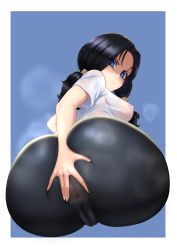  1girl absurdres anus ass ass_grab bike_shorts black_hair blue_background blue_eyes blush breasts cameltoe cleft_of_venus covered_anus dragonball_z fat_mons grabbing_own_ass highres huge_ass iceringer looking_back nipples see-through shirt short_sleeves skin_tight solo spandex spread_anus spread_anus_under_clothes spread_ass steam transparent videl white_shirt  rating:Explicit score:436 user:JustHere4Butts