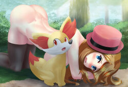  1girl :o all_fours alternate_breast_size ass black_thighhighs blonde_hair blue_eyes blush breasts convenient_censoring creatures_(company) embarrassed fennekin fox fuzzlogik game_freak gen_6_pokemon hat highres large_breasts long_hair looking_at_viewer nintendo nude outdoors pink_hat pokemon pokemon_xy red_eyes serena_(pokemon) shy swept_bangs teeth thighhighs top-down_bottom-up tree 