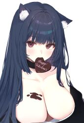  1girl animal_ear_fluff animal_ears bare_shoulders black_choker black_hair breasts brown_eyes candy cat_ears chocolate chocolate_heart chocolate_on_body chocolate_on_breasts choker cleavage collarbone ear_down eyelashes happy_valentine heart iomaaki large_breasts light_blush long_hair looking_at_viewer mouth_hold original simple_background solo straight_hair upper_body valentine white_background 