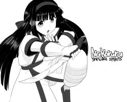  1girl ainu_clothes artist_request black_hair breasts clenched_hand fighting_stance fingerless_gloves gloves hair_ribbon highres leg_up legs long_hair looking_at_viewer monochrome nakoruru open_mouth pants ribbon samurai_spirits serious shoes sketch small_breasts snk solo the_king_of_fighters thighs traditional_media very_long_hair weapon 