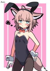  1girl absurdres ahoge alternate_costume animal_ears arknights arm_at_side artist_name black_leotard black_pantyhose blue_eyes blush border bow bowtie bright_pupils brown_hair commentary detached_collar embarrassed fake_animal_ears flat_chest fox_ears fox_girl fox_tail frown gloves hand_on_own_hip hendra highres inset_border leotard looking_at_viewer material_growth oripathy_lesion_(arknights) pantyhose pink_background playboy_bunny rabbit_ears red_bow red_bowtie scribble simple_background solo sussurro_(arknights) tail white_background white_gloves white_pupils white_wrist_cuffs wrist_cuffs 