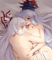 2girls absurdres blue_hair blue_hat blush breasts collarbone commentary completely_nude covered_erect_nipples edz_drawz fujiwara_no_mokou hair_spread_out hat highres implied_threesome kamishirasawa_keine large_breasts lipstick_mark lipstick_mark_on_neck long_hair looking_at_viewer multiple_girls nude red_eyes ribbon sweat touhou very_long_hair white_hair white_ribbon