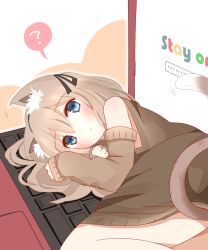 1girl ? animal_ear_fluff animal_ears black_ribbon blue_eyes blush brown_sleeves brown_sweater cat_ears cat_girl cat_tail closed_mouth commentary computer detached_sleeves english_text hair_between_eyes hair_ribbon highres laptop light_brown_hair long_hair long_sleeves looking_at_viewer non_(wednesday-classic) original personification ribbon sleeveless sleeveless_sweater sleeves_past_wrists solo spoken_question_mark sweater tail rating:Sensitive score:3 user:danbooru
