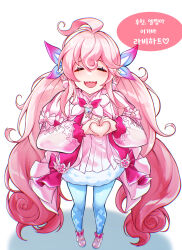  1girl ^_^ absurdres ahoge blue_pantyhose blush bow breasts chromatic_aberration closed_eyes coat_dress commentary deep_skin dress earrings elsword fur-trimmed_dress fur_trim hair_ornament heart heart-shaped_boob_challenge heart_hands highres jewelry jo_an korean_commentary laby_(elsword) long_hair long_sleeves one_breast_out open_mouth pantyhose pigeon-toed pink_bow pink_dress pink_footwear pink_hair pink_ribbon pink_theme pom_pom_(clothes) pom_pom_earrings print_pantyhose puffy_long_sleeves puffy_sleeves radiant_soul_(elsword) ribbon sharp_teeth shoes sleeves_past_wrists smile solo standing teeth tongue translation_request twintails upper_teeth_only wavy_hair white_background 