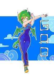  1girl absurdres blue_bodysuit blush_stickers bodysuit breasts capcom chun-li chun-li_(cosplay) closed_mouth cosplay covered_navel cross-body_stretch draco_centauros dragon_girl dragon_horns dragon_tail dragon_wings green_hair highres horns medium_breasts offbeat one_eye_closed pointy_ears puyopuyo shoes short_hair sneakers solo street_fighter tail wings yellow_eyes 