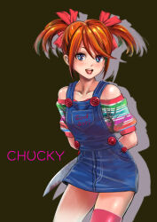  1girl absurdres breasts child&#039;s_play chucky cosplay english_text genderswap genderswap_(mtf) green_eyes highres holding holding_knife holding_weapon indoors kitchen_knife knife large_breasts medium_hair open_mouth orange_hair red_thighhighs short_twintails solo teeth thighhighs twintails upper_teeth_only weapon  rating:Questionable score:2 user:Keplergym2